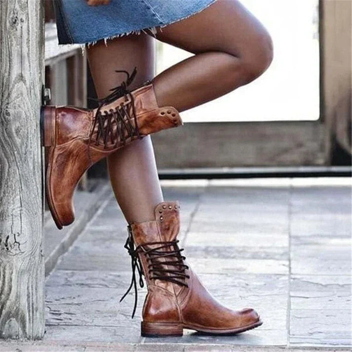 Teagan - Retro Mid-Calf Cross-Tied Boots