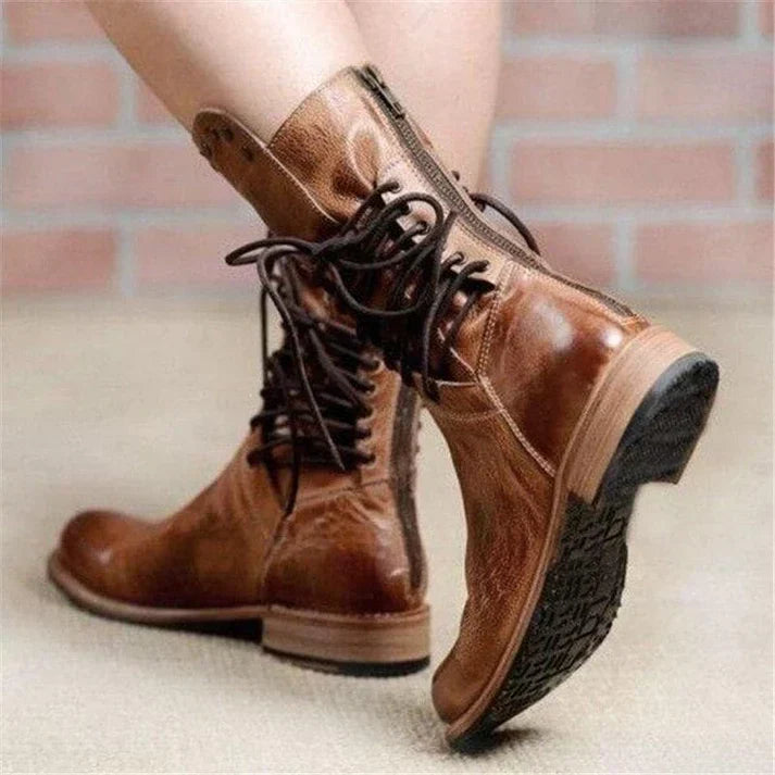 Teagan - Retro Mid-Calf Cross-Tied Boots