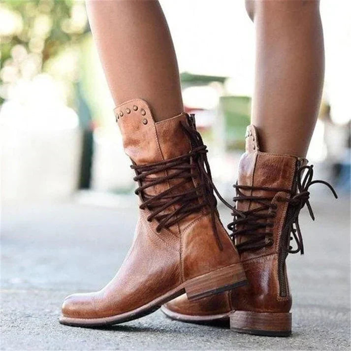 Teagan - Retro Mid-Calf Cross-Tied Boots