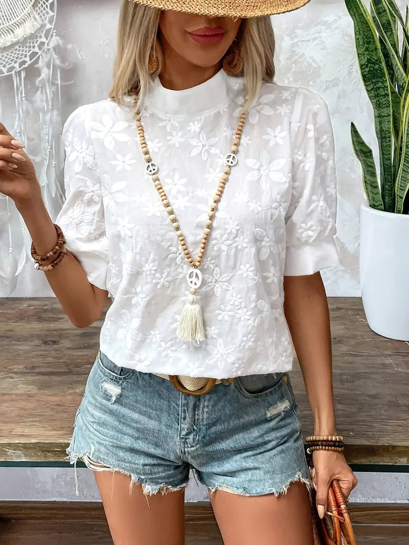 Isla™ | Elegant Blouse with Embroidered Stand Collar