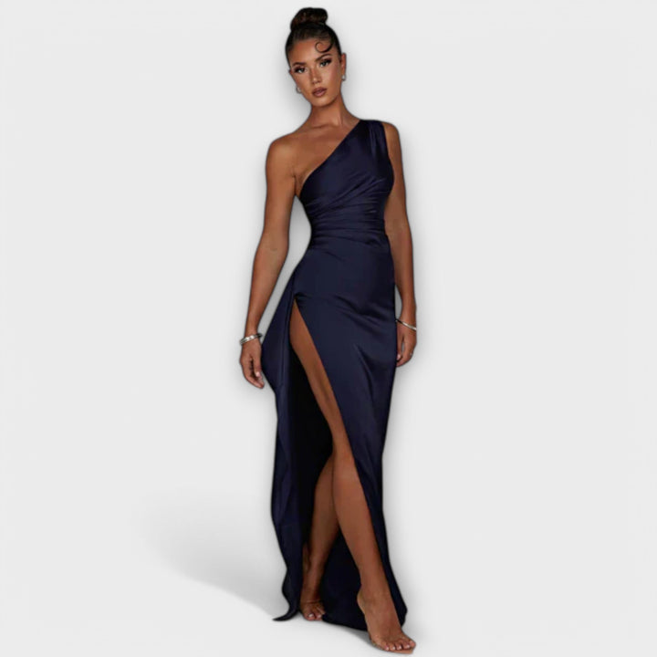 Asymmetrical Maxi Dress with Draping on One Arm