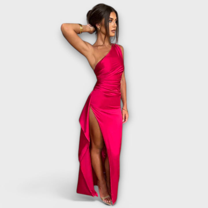Asymmetrical Maxi Dress with Draping on One Arm
